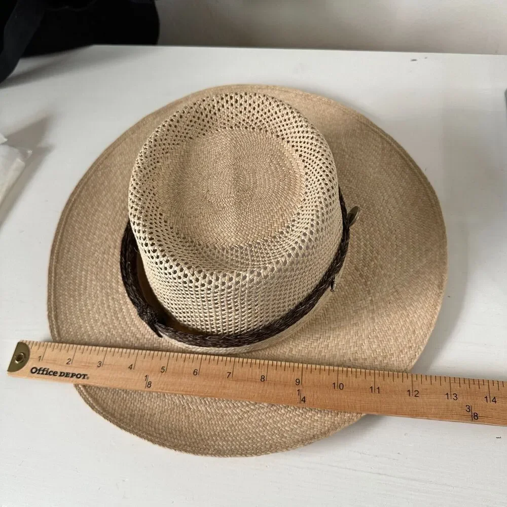 Temple Tan & Brown Basket Weave Rattan Wide Brim Hat Embellished Dark Brown Band